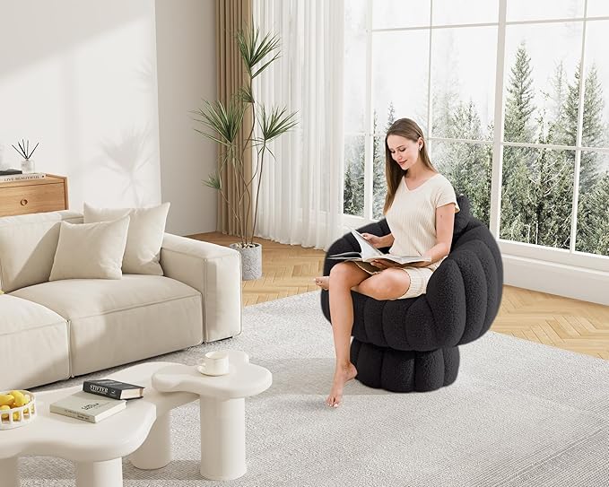 Mid Century Modern 360 Degree Barrel Swivel Accent Sofa Chair,Fluffy Sherpa Fabric Lounge Wide Upholstered Pumpkin Reading Chair, Round Cloud Armchair for Living Room,Bedroom,Vanity(Black)