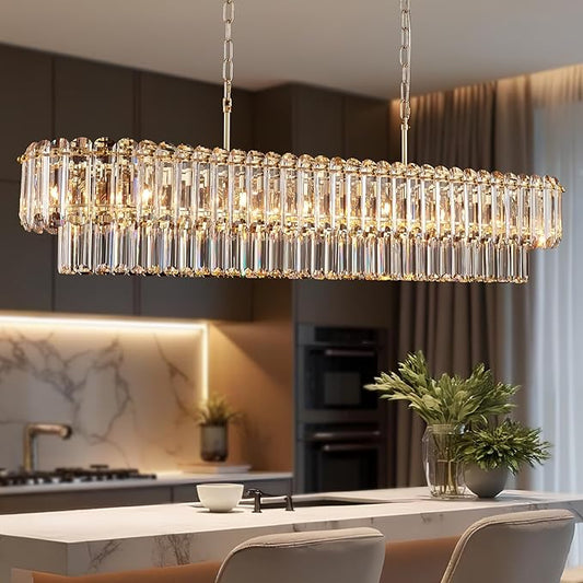 L50in Gold Crystal Chandeliers 20-Light Modern Chandeliers for Dining Room Large Rectangle Luxury Pendant Light Fixture for Kitchen Island,Entryway,Living Room