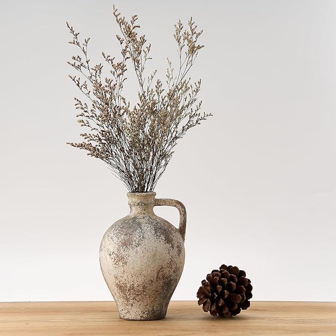 Antique Ceramic Vase, 8.3 Inch Terracotta Vase with Handle, Tuscan Decor Decorative Vase, Rustic Vase for Home Decor, Farmhouse, Living Room, Floor, Wedding, Christmas- Gray