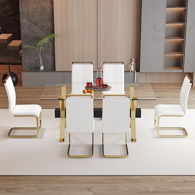 7 Piece Glass Dining Table Set, Kitchen Table Chairs Set for 6, 71'' Dining Table with 0.4" Tempered Glass Tabletop with Plated Metal Legs and MDF Crossbar, 6 PU Chairs for Dining Room, Kitchen.