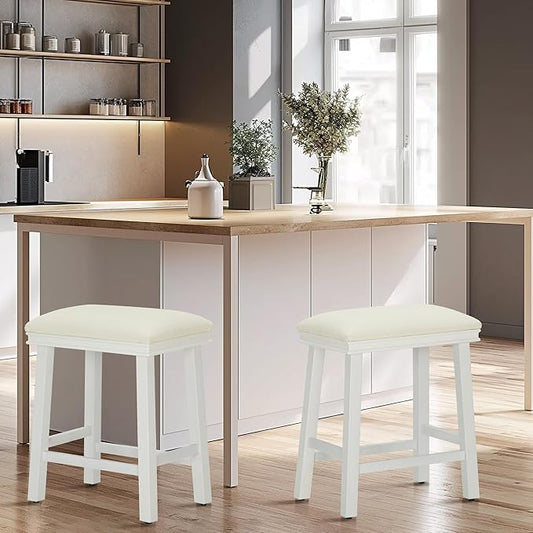 MAISON ARTS White Counter Height 24 inch Bar Stools Set of 2 for Kitchen Counter Solid Wood Legs with Faux Leather Padded Seat Farmhouse Barstools for 34"-38" Counter Island Upholstered Stools