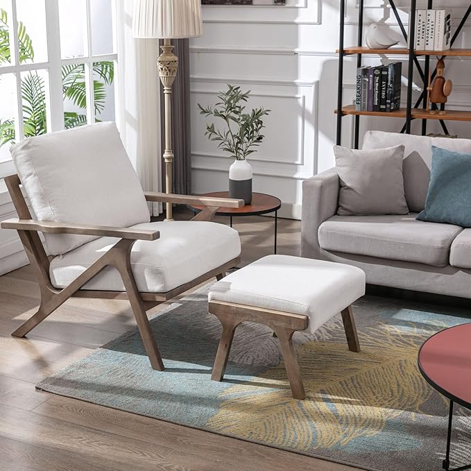 Wahson Mid Century Arm Chair and Ottoman Set, Upholstered Accent Armchair with Wood Frame and Linen Cushions, Leisure Slipper Chair for Living Room/Bedroom, Cream