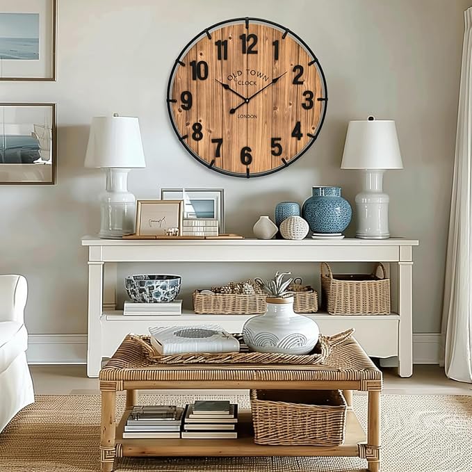 24 Inch Farmhouse Wall Clock Large Old Town Vintage Rustic Wooden Clock with Metal Rim and Large Numerals, Silent Battery-Operated for Office, Kitchen, Bedroom, and Living Room