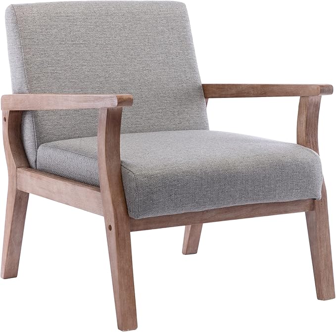 Mid Century Modern Accent Chair, Linen Upholstered Living Room Accent Armchair with Wood Frame, Farmhouse Chair for Living Room Bedroom, Gray