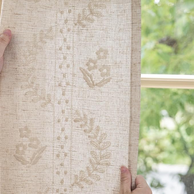 jinchan Belrose Linen Curtains for Bedroom Floral Curtains 84 Inch Length Linen Blend Ivory Embroidered Drapes Farmhouse Flower Patterned Drapes for Living Room Window Treatments Set 2 Panels