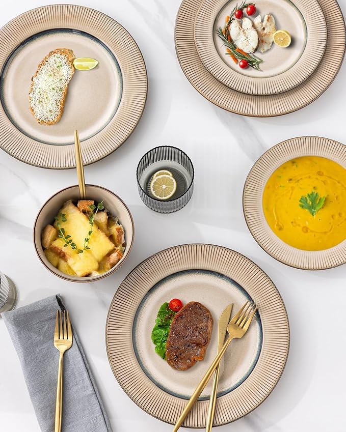 GBHOME Ceramic Dinnerware Sets, 18 Piece Embossed Elegant Stoneware Plates and Bowls Sets, Housewarming Wedding Gift | Dishwasher & Microwave Safe | Dishes Set Service for 6