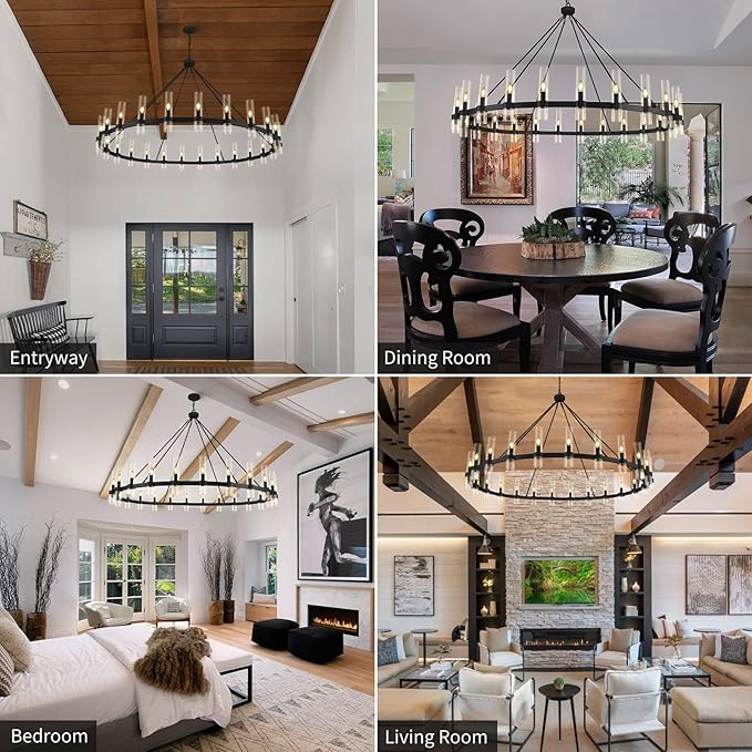 Black Wagon Wheel Chandelier, 70 Inch Glass Chandeliers, 24 Light Chandelier for High Ceiling, Modern Farmhouse Chandeliers for Living Room, Dining Room, Entryway, Stairwell(Bulbs Included)