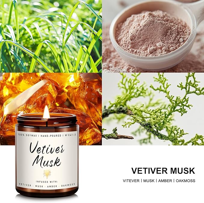 Scented Candle for Home | Vetiver Musk Candle | Aromatherapy Candles- Soy Candles for Home Scented, Gifts for Women Men, Vetiver Fragrance -7oz, Single-Wick Made with Soy Wax