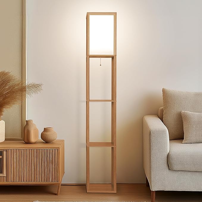 Brightech Maxwell - Modern Shelf Floor Lamp with Lamp Shade and LED Bulb - Corner Display Floor Lamps with Shelves for Living Room, Bedroom and Office - Natural Wood