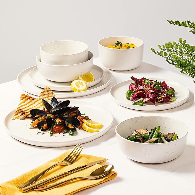 Gibson Elite James Street Stoneware Matte Reactive Double Bowl Dinnerware Set - Sea Salt White, Service for 4 (16pcs)