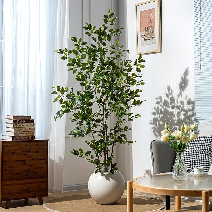 Artificial Ficus Tree Indoor 6ft, Large Potted Faux Tree with Realistic Silk Leaves & Trunk for Home Office, Living Room Corner Decor