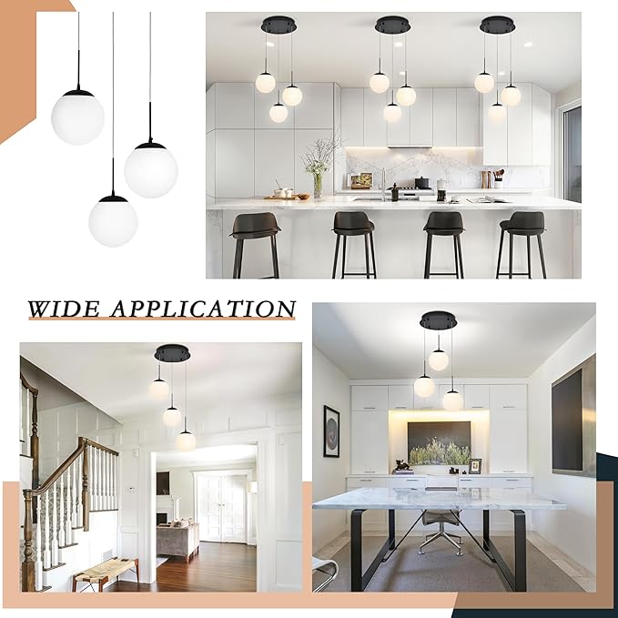 KoKo&Yukina 3 Light Globe Glass Pendant Light Modern Black Globe Chandelier Adjustable Length Pendant Light Fixtures Milky White Glass Ceiling Light for Foyer Hallway