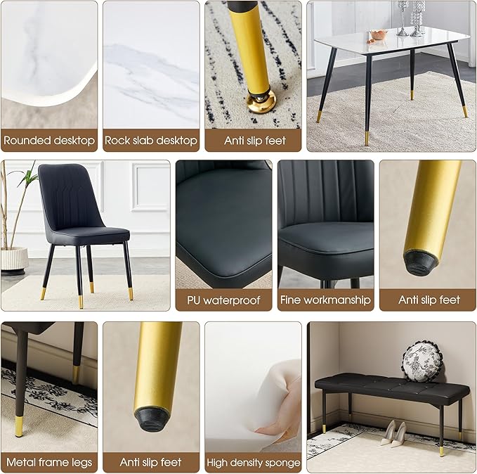 White Marble Dining Table Set for 4 with Chairs and Bench Modern Kitchen Table 2 Upholstered Chairs and Bench 4 Pcs Dining Table Set for Small Space Apartment