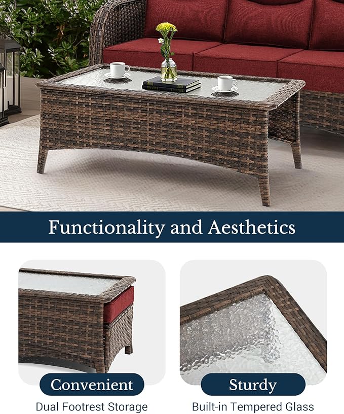 HILLGA Luxury High Back Patio Furniture Set with 6-Inch Thick Cushion, 7-Piece Outdoor Conversation Set with Sofa, Swivel Rocker Chairs & Ottomans, Ideal for Porch Pool Deck Yard (Burgundy)