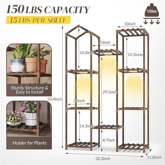 Wooden Plant Stand with Grow Light, 4-Tier Indoor Ladder Shelf with Roof Design, Carbonized Wood Rack for Balcony, Corner, or Living Room, Space-Saving Decorative Holder
