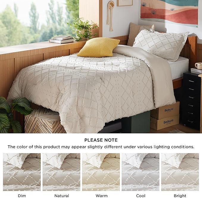 Bedsure Twin XL Comforter Set - Beige Comforter, Boho Tufted Shabby Chic Bedding for Kids, 2 Pieces Vintage Farmhouse Bed Set for All Seasons, Fluffy Soft Bedding with 1 Pillow Sham