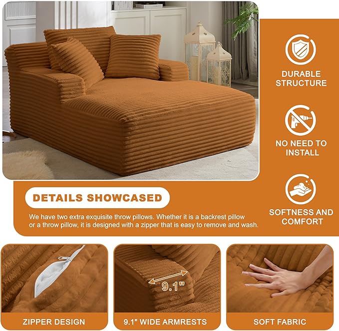 Boneless Couch Sofa Chiar Chaise Lounge Chair Indoor Upholstered Corduroy Couch Cloud Sleeper Sofa Oversized Reading Chair for Living Room No Assembly Required (Orange, 50" W x 80" D)