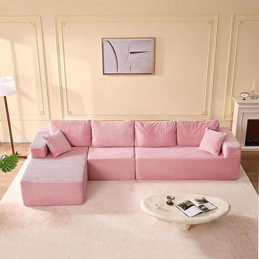 138" Boneless Couch with Deep Seat, Modular Sectional Sofa, Cloud Sectional Couch for Living Room, No Assembly Required, Corduroy, 4 Seater L-Shape Left, Pink