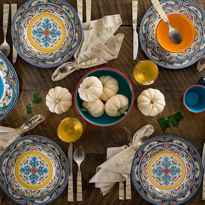 Euro Ceramica Zanzibar Collection Vibrant 10.9" Ceramic Dinner Plates, Set of 4, Spanish Floral Design, Multicolor