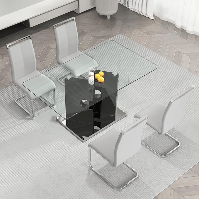 Glass Dining Table Set for 4,5 Piece Dining Table Set, Tempered Glass Table Top and Modern Design MDF Base with 4 PU Leather Ergonomic Dining Chairs