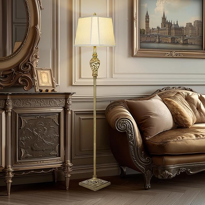 Vintage Floor Lamp for Living Room, 65" Tall Lamp with Nightlight and Beige Faux Silk Shade, Farmhouse Standing Lamp for Bedroom, Office Corner, or Study, Elegant Rustic Home Decor (LED Bulb Included)