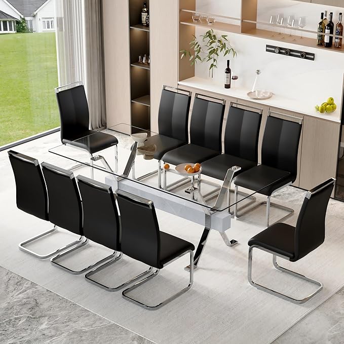 11 Piece Glass Dining Table Set, 79" Modern Dining Table Set for 10, 0.5" Thick Tempered Glass Tabletop with Silver Chrome Metal Legs and Grey Crossbar, 10 PU Chairs for Dining Room, Kitchen