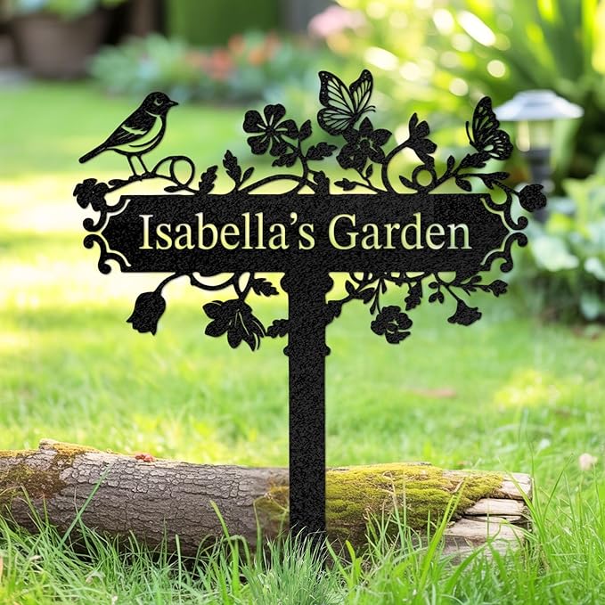 Custom Metal Garden Stake, Personalized Name Sign Decor, Hummingbird Yard Sign with Stakes, Outdoor Gardening Home Decor, Garden Metal Gifts for Gardeners
