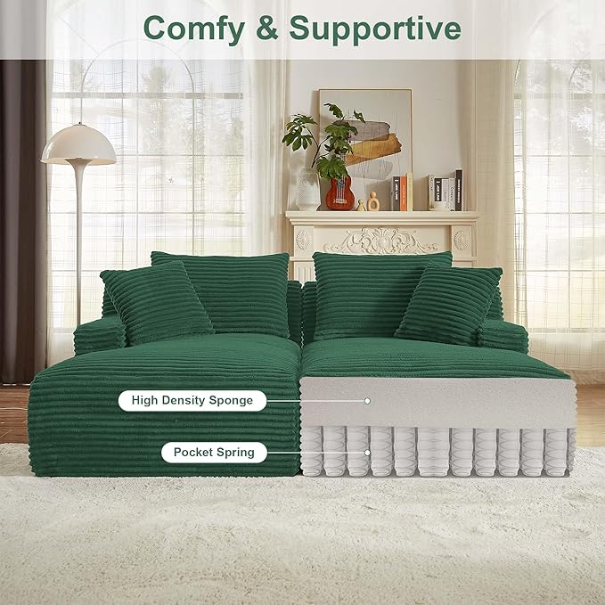 GNIXUU 78.8" Oversized Double Chaise Lounges Indoor, 2 Pieces Comfy Corduroy Chaise Lounge Chair Cloud Boneless Couch, Fluffy Upholstered Sleeper Loveseat Bed for Living Room Bedroom Reading(Green)