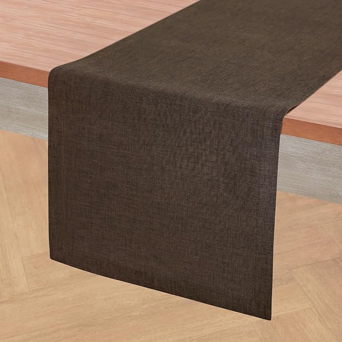 Solino Home Linen Table Runner 90 Inches Long - Athena, 100% Pure Linen Chambray Brown Table Runner 14 x 90 Inch for Dining, Fall, Autumn, Thanksgiving