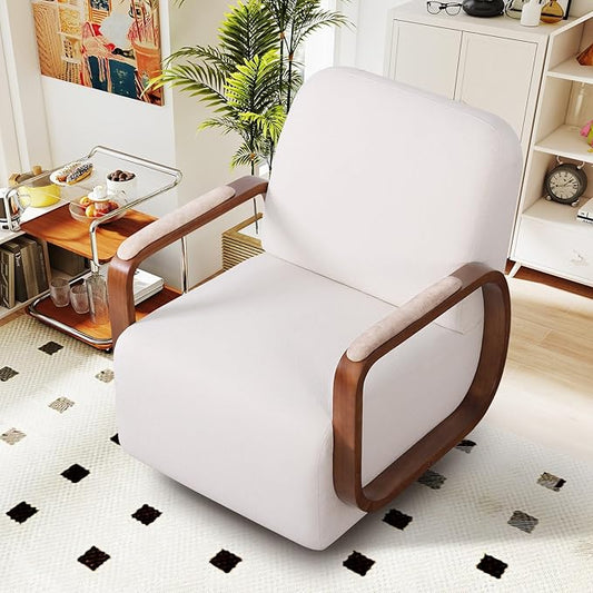 360° Swivel Accent Chair with Solid Wood Base, Swivel Living Room Chair with Chenille Fabric (Beige, Set of 1)
