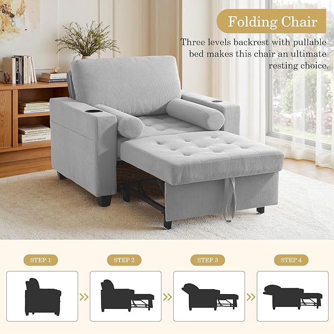 UIXE 3-in-1 Sleeper Chair Pull Out Sofa Bed, Convertible Reclining Seat Upholstered Armchair, Adjustable Backrest Recliner Chair with Side Pockets, Cup Holder & USB Ports - Light Gray