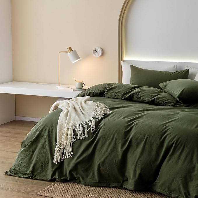 JIYUAN 100% Washed Cotton Duvet Cover Set 3 Pieces Cal King, 1 Duvet Cover 104x98 Inches(Comforter Not Included) and 2 Pillowcases,Linen Feel Bedding Set Comfy and Breathable,Olive Green