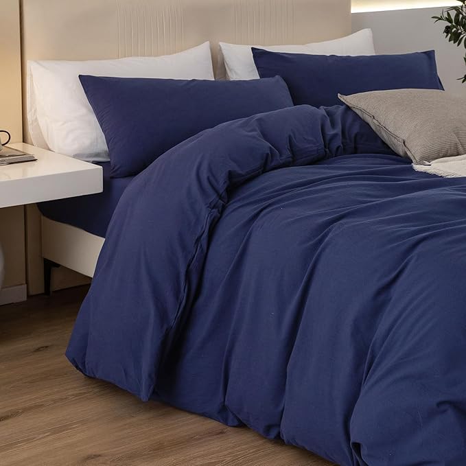 JIYUAN 100% Washed Cotton Duvet Cover Set 3 Pieces Queen, 1 Duvet Cover 90x90 Inches(Comforter Not Included) and 2 Pillowcases,Linen Feel Bedding Set Comfy and Breathable,Navy Blue