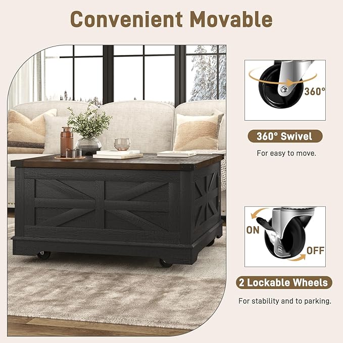36" Farmhouse Movable Lift Top Coffee Table with Storage and Power Outlets, Square Wood Living Room Tables with Wheels&Large Hidden Space, Lift Wooden Barn Door Center Table, Black