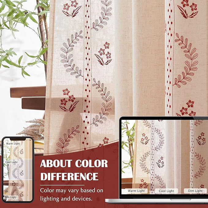 jinchan Belrose Linen Curtains for Bedroom Floral Curtains 96 Inch Length Linen Blend Burgundy Red Embroidered Drapes Farmhouse Flower Patterned Drapes for Living Room Window Treatments Set 2 Panels