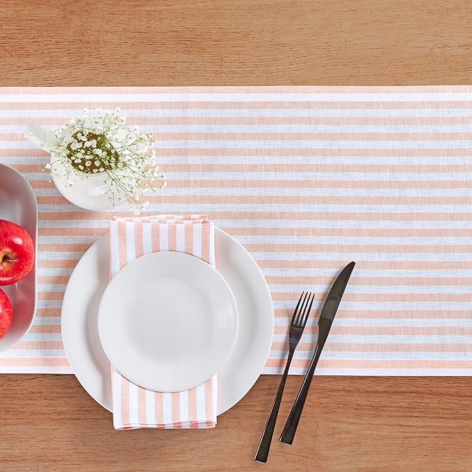 Solino Home Linen Cloth Napkins Set of 4-100% Pure Linen Coral and White Striped Dinner Napkins 20 x 20 Inch - Amalfi Stripe, Handcrafted and Machine Washable