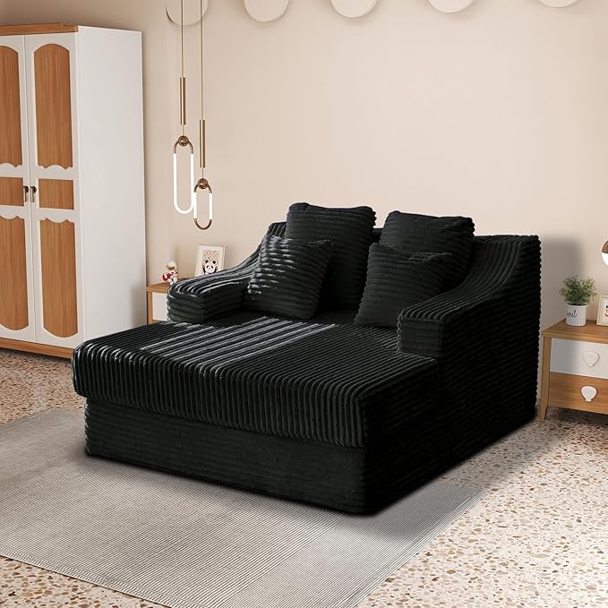 Chaise Lounge Sofa Chair Indoor Cozy Sofa Bed Oversized with Four Pillow Fluffy Upholstered Sleeper Sofa Chair for Living Room Bedroom Office Liesure No Assembly Required（Black）