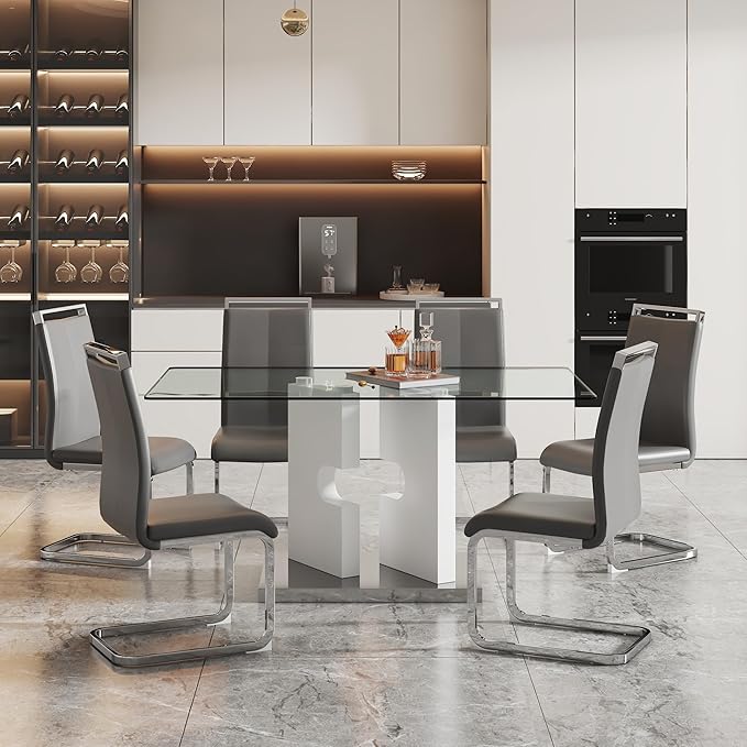 Glass Dining Table Set of 6, 63" Dinner Room Glass Table Set for 6, Modern Kitchen Dinner Table Set with 6 Upholstered Faux Leather Dining Chairs for Living Dining Office Room