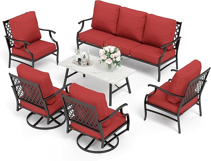 HERA'S HOUSE 6 Piece Patio Furniture Set, 2 x Swivel Chair, 2 x Fixed Chair, 1 x 3-Seat Sofa with Marbling Coffee Table, Outdoor Conversation Set for Lawn Garden Backyard, Red