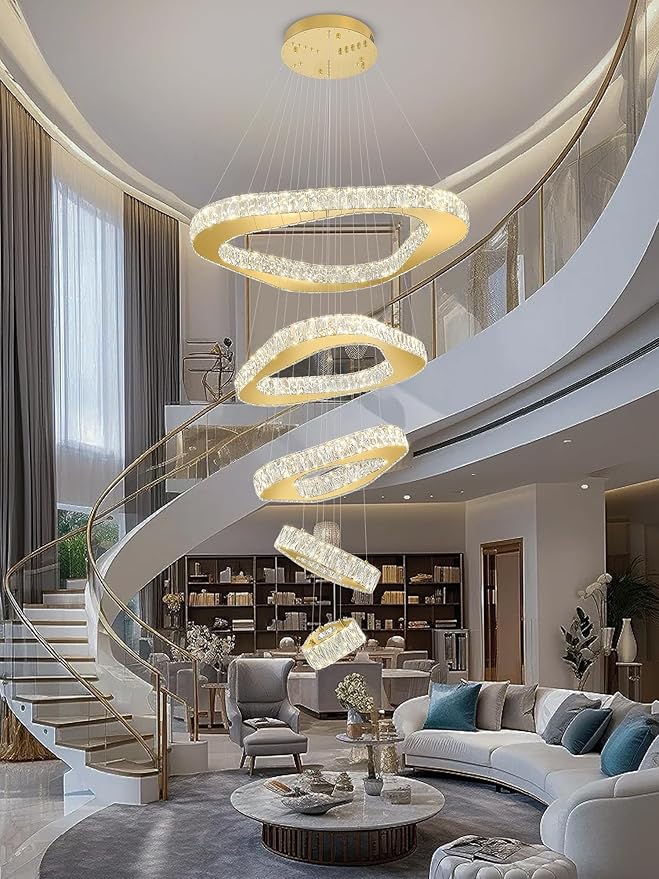 Large Modern Chandeliers 5 Ring Chandelier for High Ceiling Dimmable Gold Chandeliers High Ceiling Foyer Chandelier for Living Room Dining Room Staircase