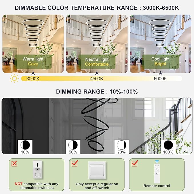 5 Rings D31.5 Modern LED Chandelier Black Large Dimmable Circular High Ceiling Chandeliers with Remote Control for Foyer Dining Room Living Room Staircase Villa, 3000K-6500K CCT