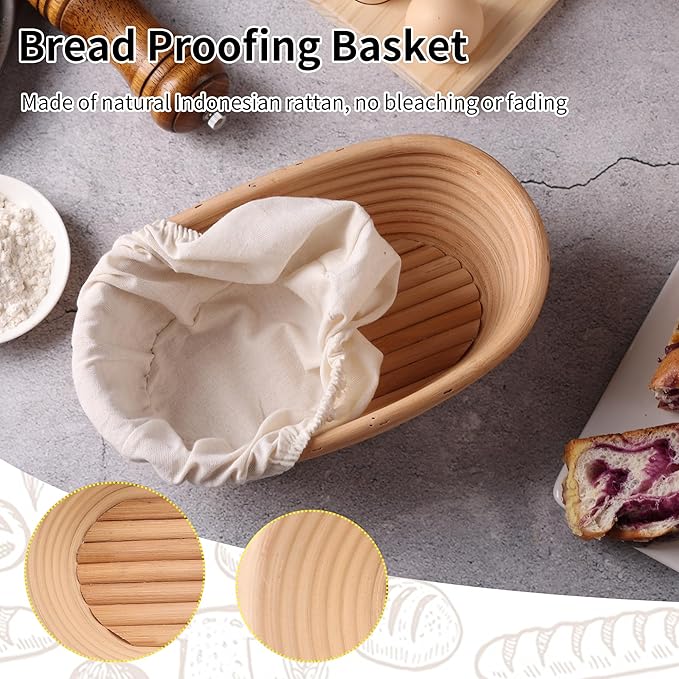9.8 Inch Banneton Bread Proofing Basket Oval Sourdough Bread Basket Handmade Natural Brown Rattan Baking Bowls with Liner for Professional & Home Bread Baking Supplies