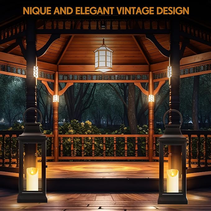 Nuogo 25 Inch Large Metal Lanterns with Glass Panels Black Hanging Vintage for Table Porch Home Party Decor Gift Indoor Outdoor, Candle Not Includes