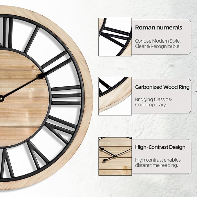 LEIKE 24 Inch Large Wall Clock - Rustic Wooden Silent Non-Ticking Wall Clock with Black Metal Frame, Vintage Farmhouse Decorative for Living Room, Bedroom, Kitchen - Roman Numerals, Modern Design