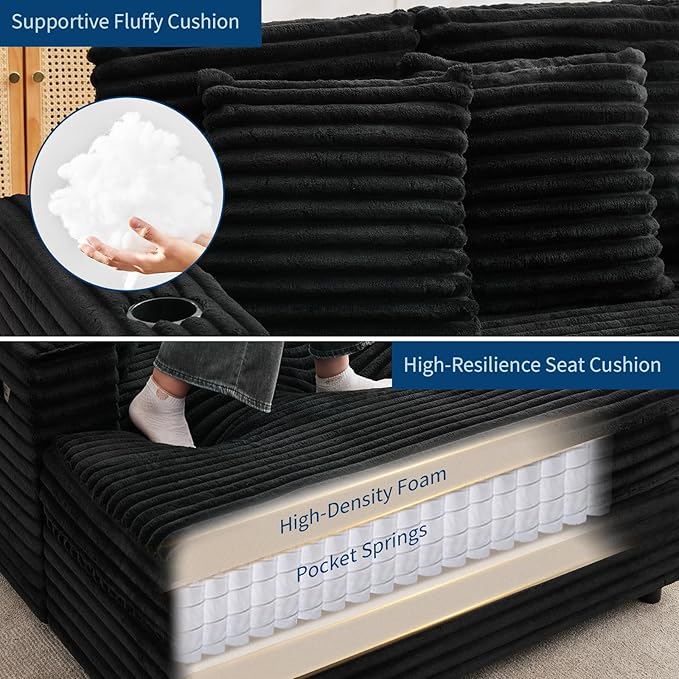 GarveeHome Oversized Chaise Lounge Chair Indoor, 56x60 Inch Comfortable Corduroy Lounge Sofa with Charging Ports & Cup Holders, Cozy Reading Couch for Bedroom Living Room Apartment, Black