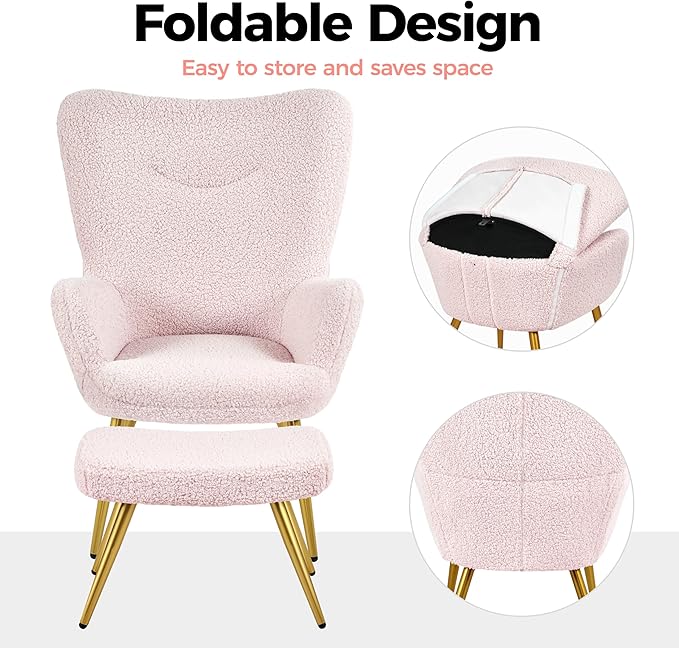 Yaheetech Accent Chair with Ottoman, Boucle Fabric Armchair Footstool, Modern and Cozy Vanity Chair with Golden Legs for Living Room, Lounge, Makeup Room, Bedroom, Pink