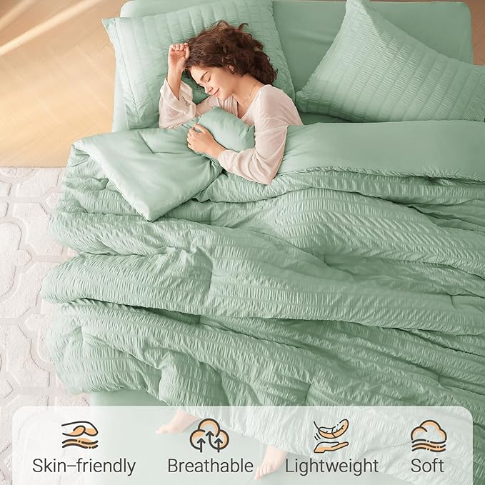 MUXHOMO 7 Pieces Full Comforter Set, Seersucker Bed in a Bag Full Size, All Season Luxury Bedding Set with Comforter, Flat Sheet, Fitted Sheet, Pillowcases & Shams, Sage Green