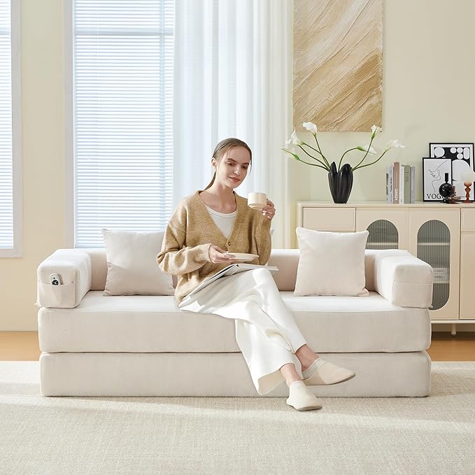 Comfy Convertible Folding Mattress Couch, Floor Sofa Bed, Chenille Floor Sofa with Armrest, Floor Sofa Lounge Couch for Living Room Bedroom Lounge Studio-Beige White