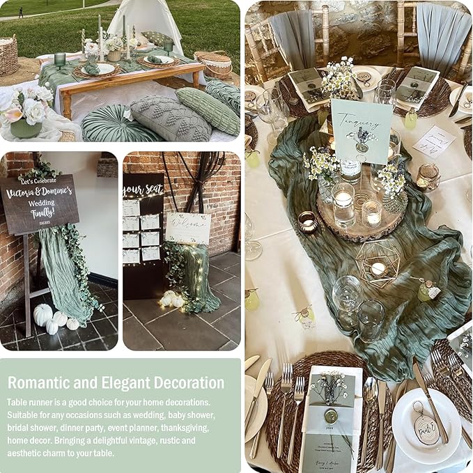 8 Pack 10 Ft Sage Green Cheesecloth Table Runner 35 x 120 Inch Gauze Rustic Christmas Table Runner, Romantic Sheer Boho Cheese Cloth Table Runners for Wedding Bridal Shower Party Decoration ﻿