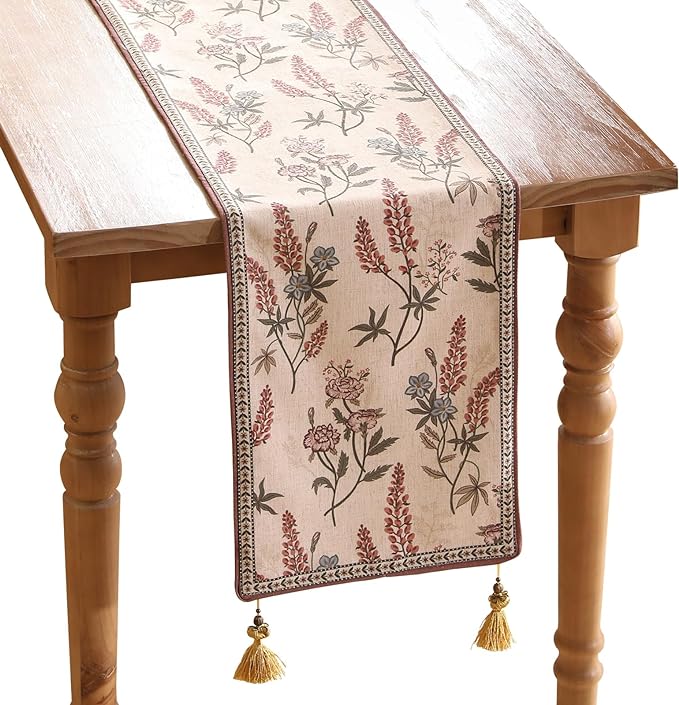 Designer Light Beige Linen Extra Long Table Runner 118 Inches,Vintage Floral Wrinkle Resistant Table Runners for Dining Tables,Christmas,Thanksgiving,Kitchen Tables,12"*118"-Helena A